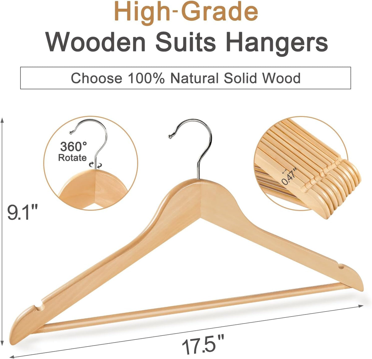 Natural Wooden Clothes Hangers – 30 Pack